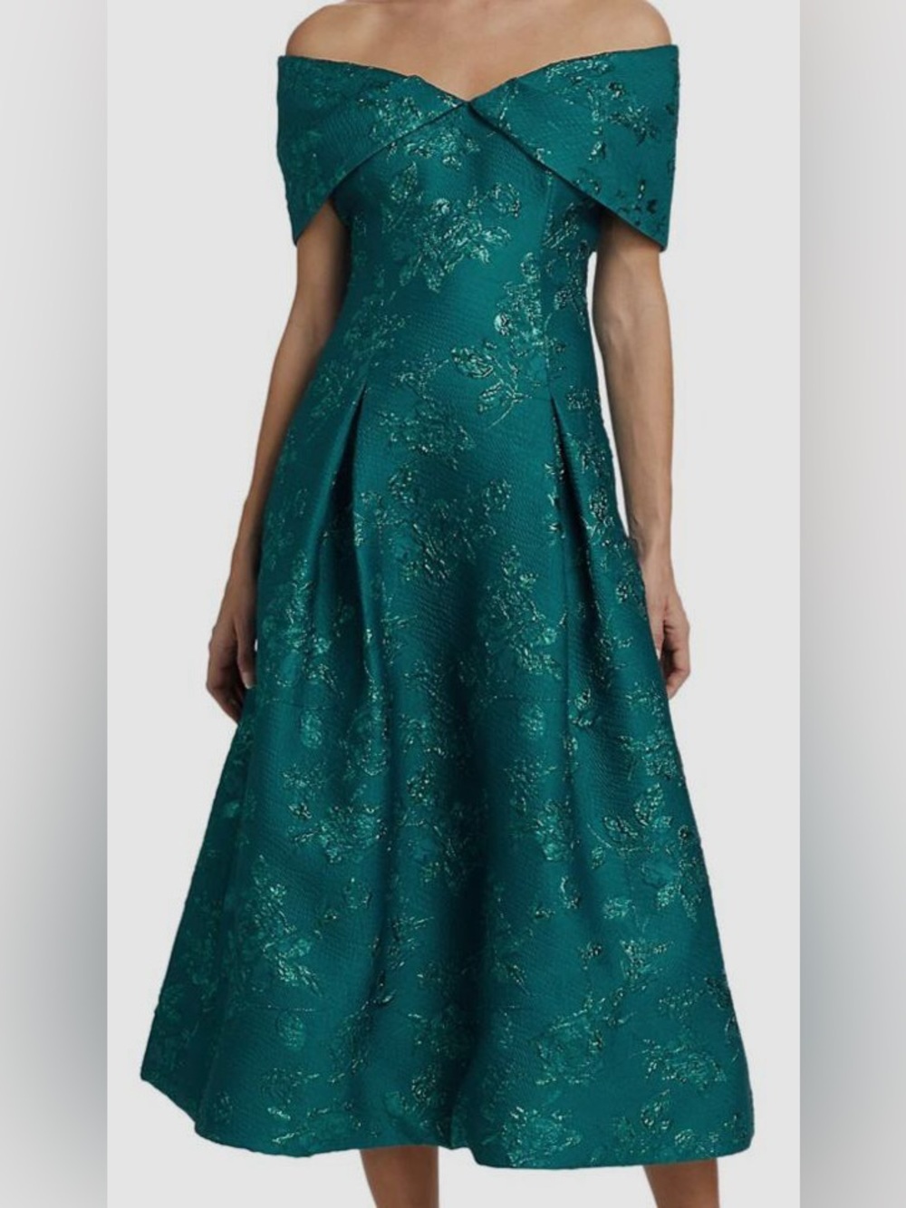 Teri Jon Teal Floral Jacquard Sailor-Collar Fit & Flare Dress